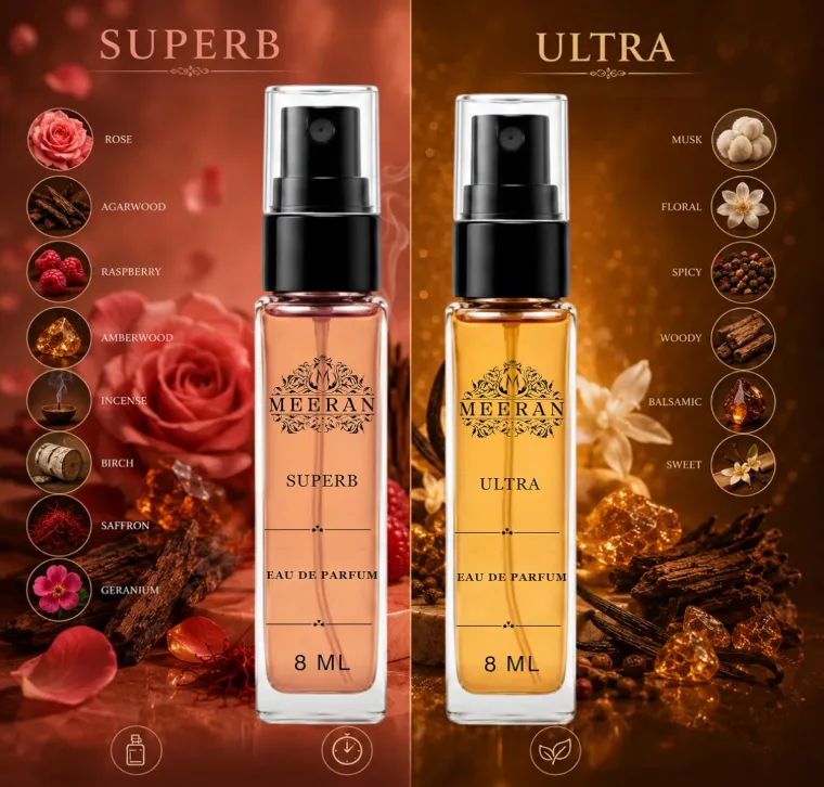  Meeran SUPERB & ULTRA Perfume Gift Set for Men & Women | 2 x 8ML Long Lasting Luxury Eau De Parfum | 30% Oil Concentration | Pocket Travel Perfume Combo